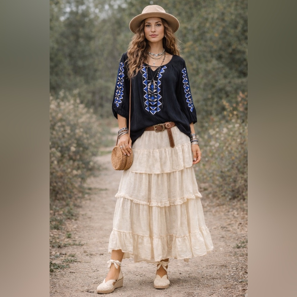 Lush Black Embroidered Boho Peasant Sheer Blouse Blue Geometric Trim | 70s | M